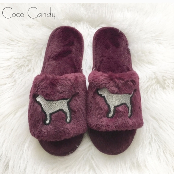 PINK Victoria's secret VS Burgundy Fur Cozy Slippers NWT Large 10 - Picture 3 of 11